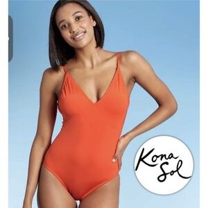 Kona Sol Orange One Piece Swimsuit Size S EUC Coastal Deep V Low Back Minimalist